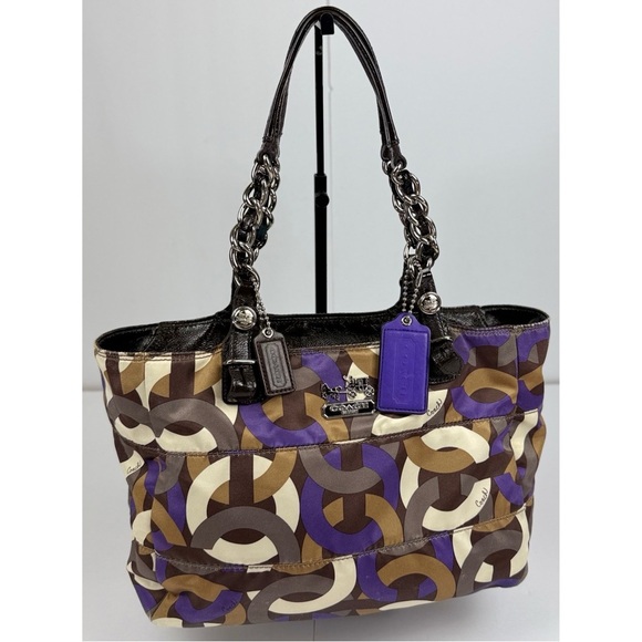 Coach Madison Ivory Brown & Purple Chainlink Signature Tote Purse - Picture 3 of 15